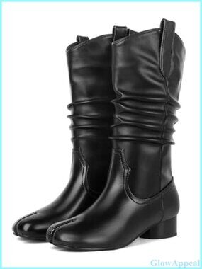 Chunky Heel Tabi Boots Calf High Split Toe Slip On Women's Shoes
